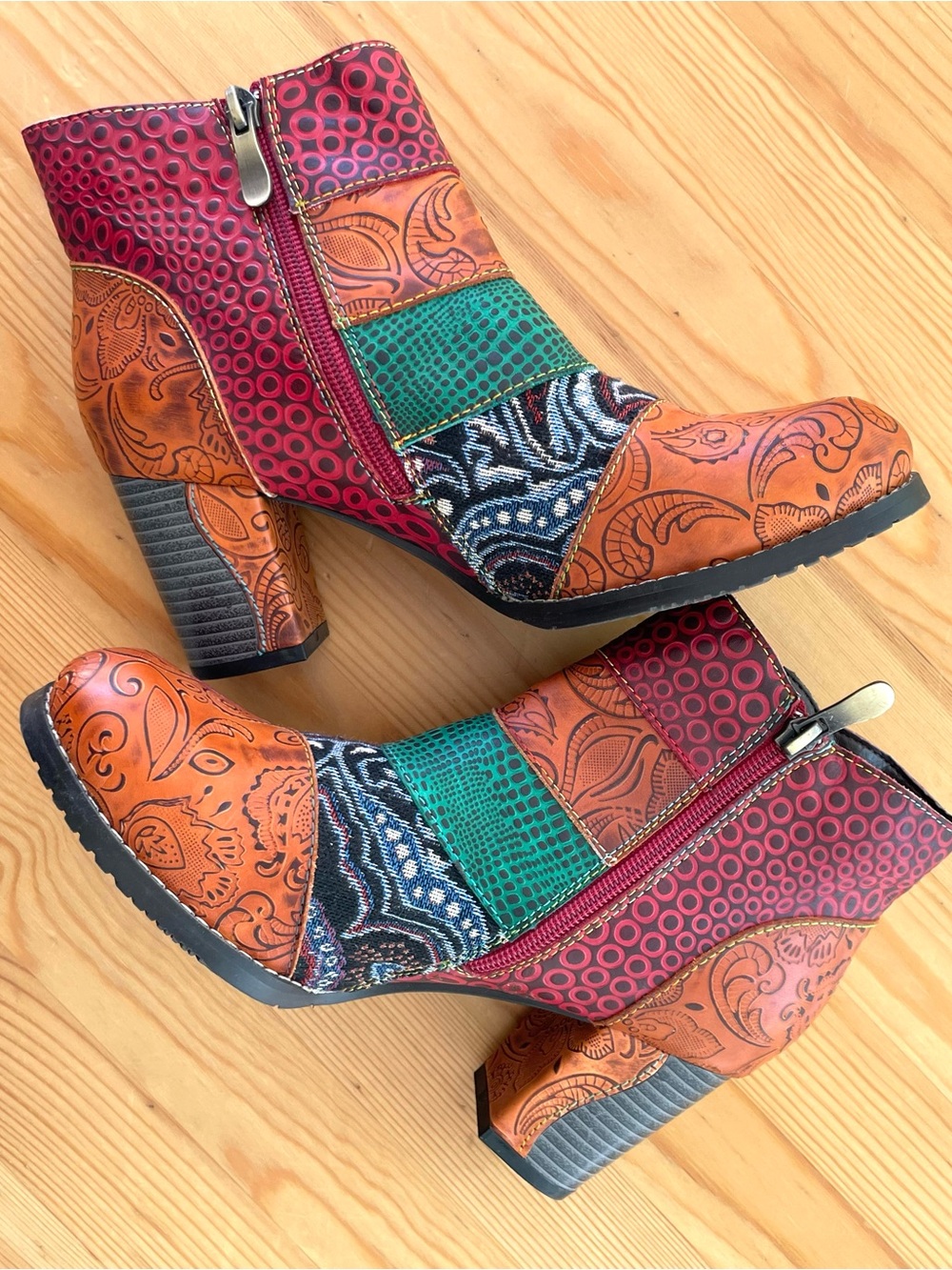 Women's Multicolor Patchwork Ankle Boots - Stylish Block Heel